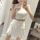 Set: Lace Cropped Tank Top + High-waist Skirt