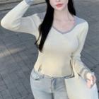Long-sleeve Two-tone Knit Crop Top