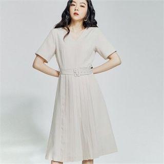 V-neck Pleated-hem Dress With Belt