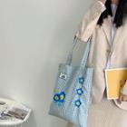 Flower Embroidered Gingham Tote Bag Gingham - Blue - One Size