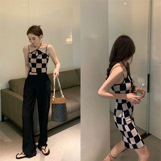 Checker Halter Top / Mini Halter Dress / Straight-cut Dress Pants