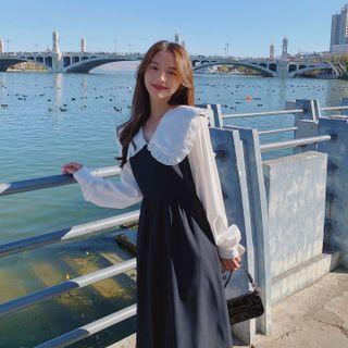 Collared Blouse / Midi A-line Overall Dress / Set