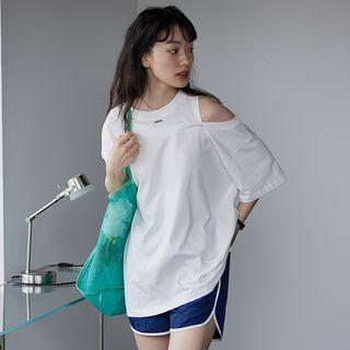 Short-sleeve Mock Two-piece Cold-shoulder T-shirt