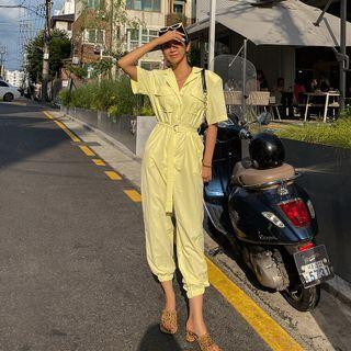 Open-placket Jogger Jumpsuit With Belt