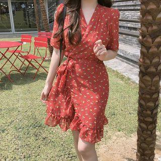 Flowers Lace-up V-neck Dress