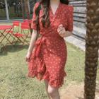 Flowers Lace-up V-neck Dress