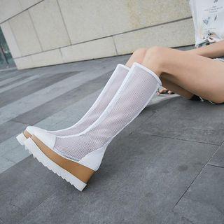 Genuine Leather Mesh Shaft Wedge Platform Knee-high Boots