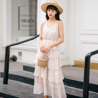 Spaghetti Strap Midi Heart Print Layered Dress