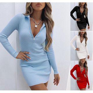 Long Sleeve Zip-detail Ribbed-knit Mini Bodycon Dress
