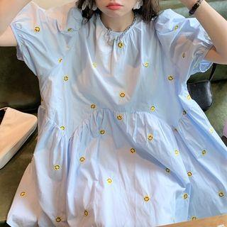 Puff-sleeve Smiley Face Embroidered Mini A-line Dress