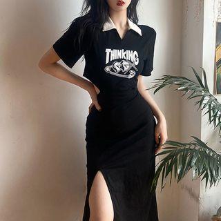 Short-sleeve Collar Lettering Slit Midi Sheath Dress
