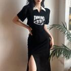 Short-sleeve Collar Lettering Slit Midi Sheath Dress