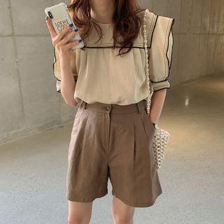 Contrast Stitching Elbow-sleeve Blouse / High-waist Wide-leg Shorts