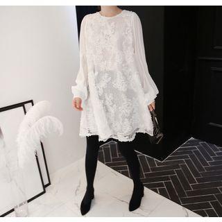 Shirred-sleeve Lace-panel Pullover Dress