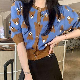 Short-sleeve Bear Jacquard Button-up Knit Top
