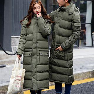 Couple Matching Plain Hooded Long Padded Coat