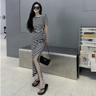 Short Sleeve Striped Cutout Slit-side Dress