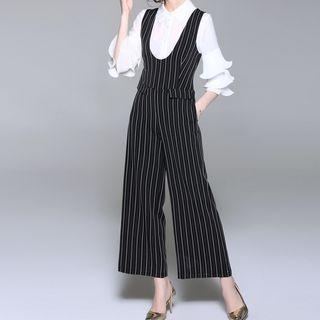 Set: Tiered Elbow-sleeve Chiffon Shirt + Striped Jumper Pants