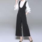 Set: Tiered Elbow-sleeve Chiffon Shirt + Striped Jumper Pants