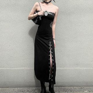 Strapless Lace-up Midi Sheath Dress