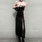 Strapless Lace-up Midi Sheath Dress