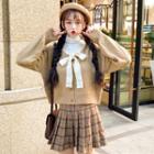 Set : Lace Up Short Knit Sweater + High Collar Top + Pleated Skirt