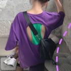 Elbow-sleeve Color Block Open Back T-shirt