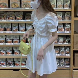 V-neck Plain Ruffle Mini Dress