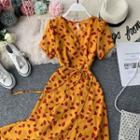 Short-sleeve Floral-print A-line Wrap Dress Yellow - One Size