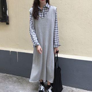Check Long-sleeve Loose-fit Shirt / Plain Sleeveless Dress