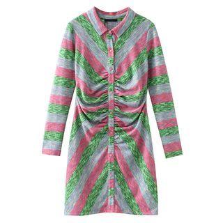 Long-sleeve Striped Shirred Sheath Dress