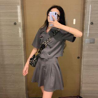 Short-sleeve Double-breasted Crop Jacket / A-line Mini Skirt