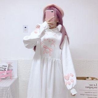 Long-sleeve Mock Neck Cat Print A-line Dress