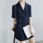 Set: V-neck Short-sleeve Blouse + High-waist Mini A-line Skirt