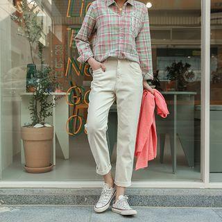 Band-waist Shirred-trim Baggy Pants