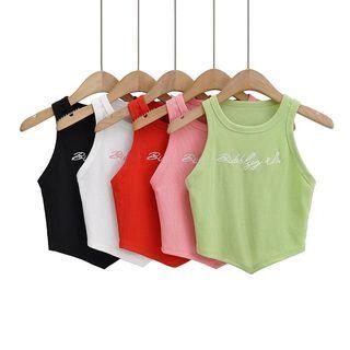 Letter Embroidered Asymmetrical Cropped Racerback Tank Top