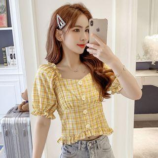 Puff-sleeve Frill Trim Plaid Blouse