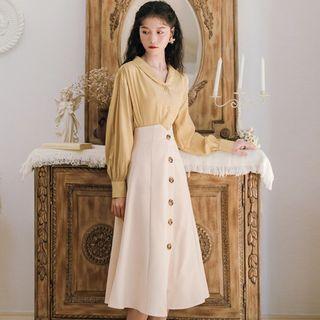 Set: Lantern-sleeve Blouse + Buttoned Midi A-line Skirt