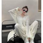 Set: Plain Ribbed Zip Cardigan & Plain Ribbed Wide-leg Pants Cream White - One Size