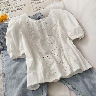 Eyelet Puff-sleeve Loose Top White - One Size