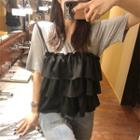 Set: Short Sleeve Plain T-shirt + Layered Ruffled Camisole Top As Shown In Figure - One Size