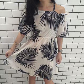 Elbow-sleeve Cutout Printed A-line Dress