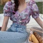 Puff-sleeve Floral Cropped Top Purple - One Size