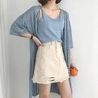 Set: Knitted Camisole Top + Elbow-sleeve Long Cardigan