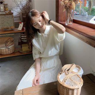 Elbow-sleeve Plain Shirt Off White - One Size