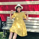 Short-sleeve Button-back Pintuck-hem Dress