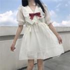 Puff-sleeve Frill Trim Bow-front Mini A-line Dress White - One Size