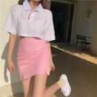 Plain Cropped T-shirt / High-waist Side-slit Skirt