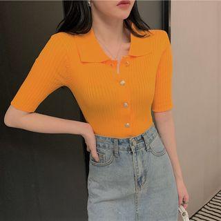 Collared Short-sleeve Rib Knit Cardigan