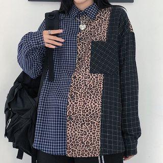 Long-sleeve Leopard Print Paneled Shirt As Shown In Figure - One Size